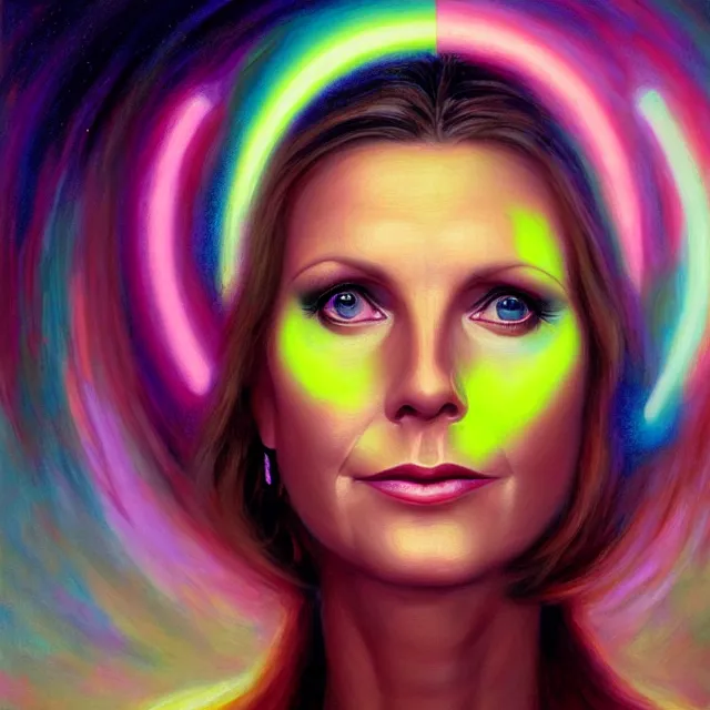 Prompt: portrait of olivia newton - john 1 9 7 8 surrounded by clouds by mandy jurgens, cartoon, oil painting, visionary art, magic symbols, holy halo above head, neon ambient lighting, high detail, dark vibrant color
