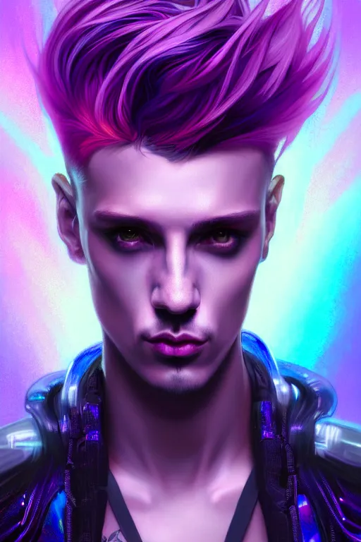 Image similar to portrait of a beautiful young fit cyberpunk man, rainbow futuristic hairs, digital tatoos, holographic clothes, psichedelic, by greg rutkowski and alphonse mucha, d & d character, gradient purple to silver, in front of a futuristic background, highly detailed portrait, digital painting, artstation, concept art, smooth, sharp focus ilustration, artstation hq