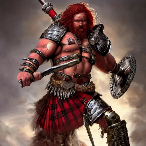 Image similar to bulky muscular scottish warrior with red hair and a kilt, tribal blood red war paintings on his chest, bronze plate armor, 4 k oil on linen by wlop, artgerm, andrei riabovitchev, nuri iyem, james gurney, james jean, greg rutkowski, highly detailed, soft lighting 8 k resolution