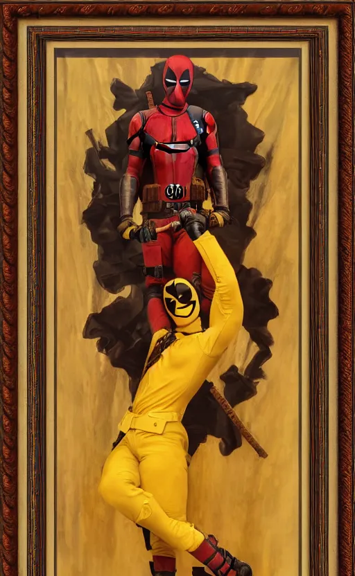 Prompt: deadpool portrait photography masterpiece, perfectly poised, foreshortening, brown hair fringe, yellow ochre ornate medieval dress, frederic leighton, background by william morris and kilian eng, framed, 4 k