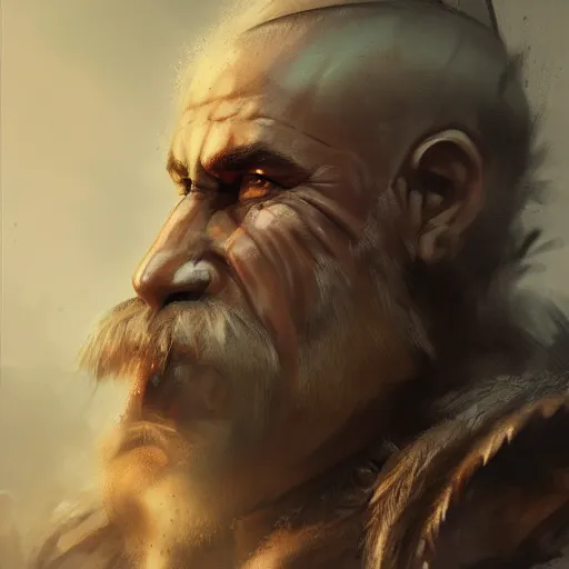 Image similar to portrait old barbarian warrior with trucker mustache and short hair, 8 k, trending on art station, by tooth wu and greg rutkowski