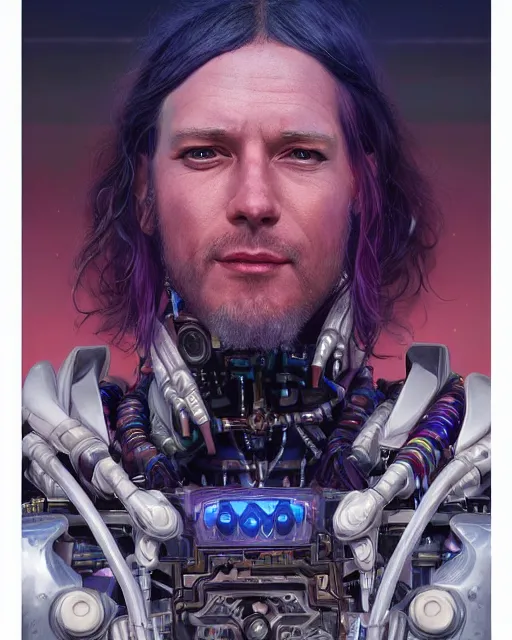 Image similar to a futuristic male hippie wearing tie - dye and cybernetic - implants | cyberpunk art | highly detailed | very intricate | symmetrical | cinematic lighting | award - winning | closeup portrait | painted by donato giancola and mandy jurgens and rossdraws and rhads | featured on artstation