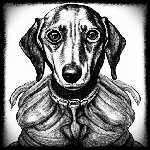Image similar to “ a drawing of a dachshund in the style of hr giger, surreal, eerie ”