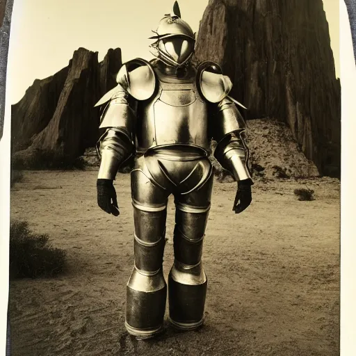 Image similar to photograph of a man in a very oversized mech armor that is 3 0 feet tall and 1 0 feet wide. his head is very small sticking out of the armor. desert setting. high detail.