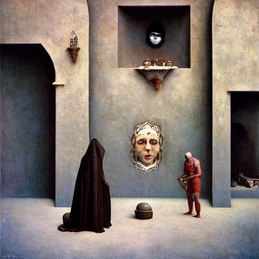 Image similar to Exterior Desert Oasis ripped physique demonic crow wearing a man costume giorgio de chirico Jan Van eyck bastien lecouffe-deharme odd nerdrum dragan bibin john steuart curry