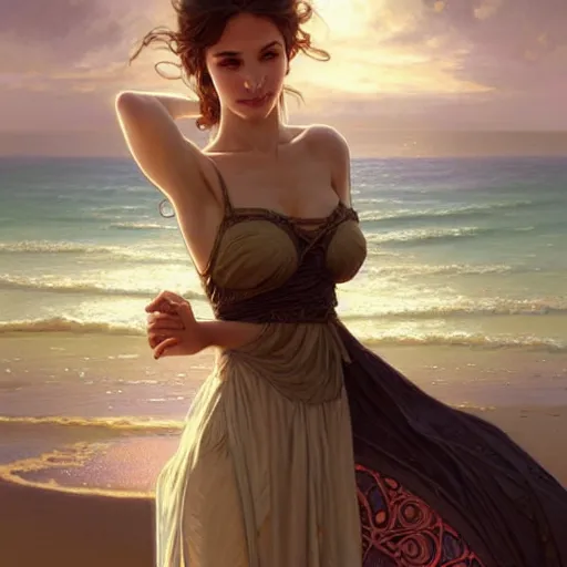 Prompt: A beautiful woman wearing a sundress on the beach, D&D, fantasy, intricate, elegant, highly detailed, digital painting, artstation, concept art, matte, sharp focus, illustration, art by Artgerm and Greg Rutkowski and Alphonse Mucha