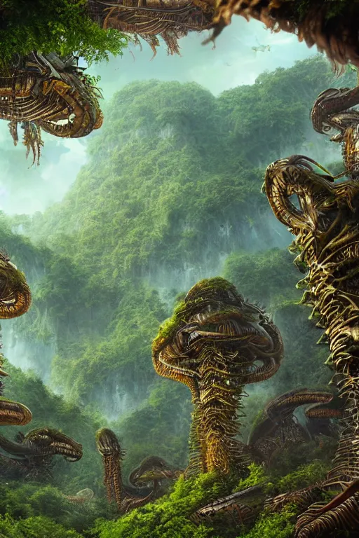 Image similar to alien hive in the exotic jungle, landscape, alex ross, giga, david finch, concept art, matte painting, highly detailed, rule of thirds, dynamic lighting, cinematic, detailed, denoised, centerd