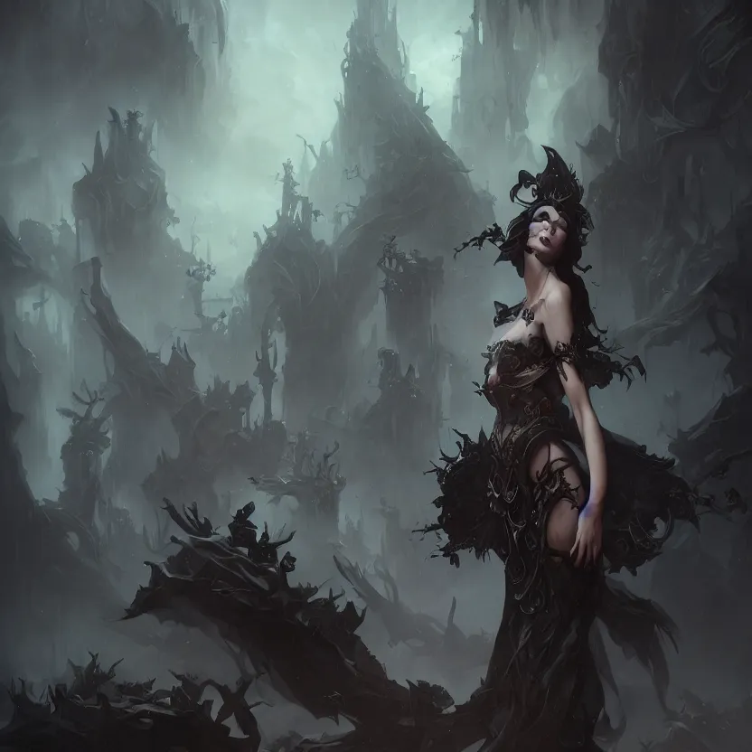 Image similar to stunning Gothic goddess of beauty, mystical, dark and mysterious, atmospheric, ominous, eerie, cinematic, Epic, 8k, 4k, ultra detail, ultra realistic, rendered by Peter Mohrbacher, Artstation, fantasy art