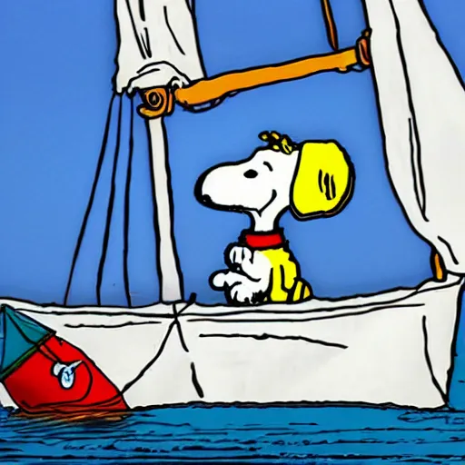 Prompt: A cartoon of Snoopy the dog on a sailing boat