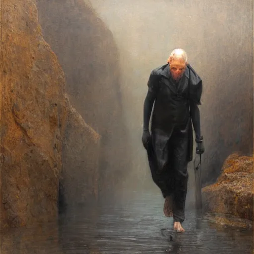 Prompt: man stuck in liquid black asphalt, digital painting by Gaston Bussiere, photorealistic