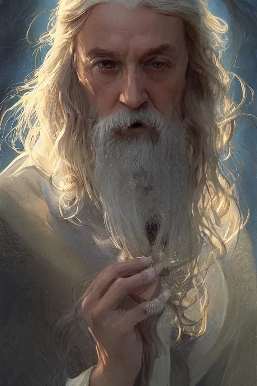 Image similar to Albus Dumbledore, diffuse lighting, fantasy, intricate, elegant, highly detailed, lifelike, photorealistic, digital painting, artstation, illustration, concept art, smooth, sharp focus, art by John Collier and Albert Aublet and Krenz Cushart and Artem Demura and Alphonse Mucha