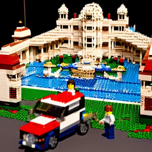 Image similar to mar - a - lago lego set, fbi agents on the lawn, raid, tilt shift photography