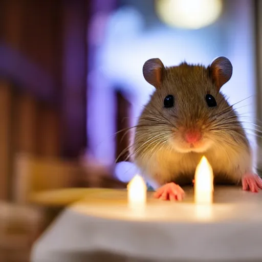 Image similar to photo of a hamster, at night, candlelit restaurant table, various poses, unedited, soft light, sharp focus, 8 k