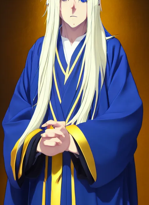 Image similar to card art portrait of a young man with long white hair wearing blue and golden robes, long white hair, blue and golden robes, detailed robes, intrincated design, makoto shinkai, anime character, very detailed, matte, tonemapping, bbwchan, perfection, 4 k, william - adolphe bouguereau