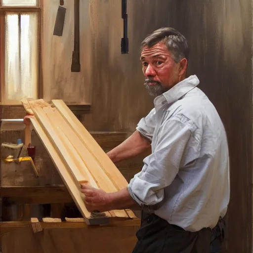 Image similar to greg manchess portrait painting of simple carpenter fine woodworker | building a wooden table in their well organized clean workshop, medium shot, asymmetrical, profile picture, organic painting, sunny day, matte painting, bold shapes, hard edges, street art, trending on artstation, by huang guangjian, gil elvgren, ruan jia, randy vargas, greg rutkowski