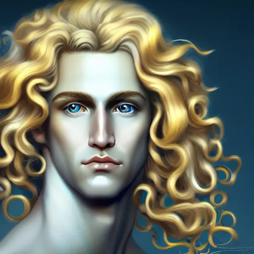 Prompt: Apollo the pale blond androgynous god of the sun, highly detailed, very very very curly golden blond hair, baroque drill curls, curtain bangs, central parted fringe, extremely luscious curly blond hair, very very very pale white skin, digital painting, artstation, concept art, soft light, sharp focus, illustration