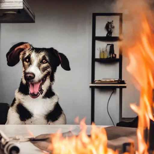 Image similar to a photograph of an humanlike relaxed dog in his house, sitting at a table, ☕ on the table, surrounded by flames, room is on fire, smoke under the ceiling