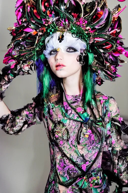 Image similar to ornate cyber avant garde headpiece, spring ritual floral dress, teen girl esoteric fantastical fashion zine