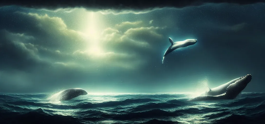 Image similar to a wide angle shot of a lonely whale flying, sea underneath, cosmic starry sky, concept art, trending on artstation, by andreas achenbach, artgerm, mikko lagerstedt, zack snyder, tokujin yoshioka