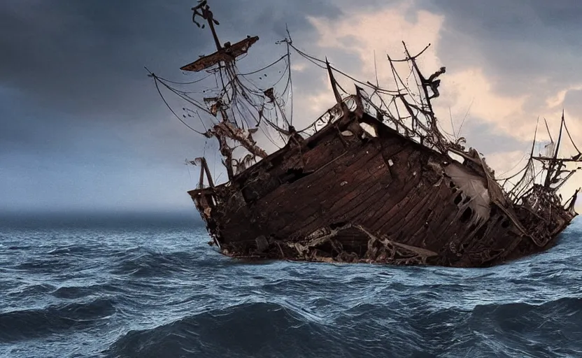 Image similar to “Pirate ship wreck falling from the sky, 4k, cinematic, award winning”