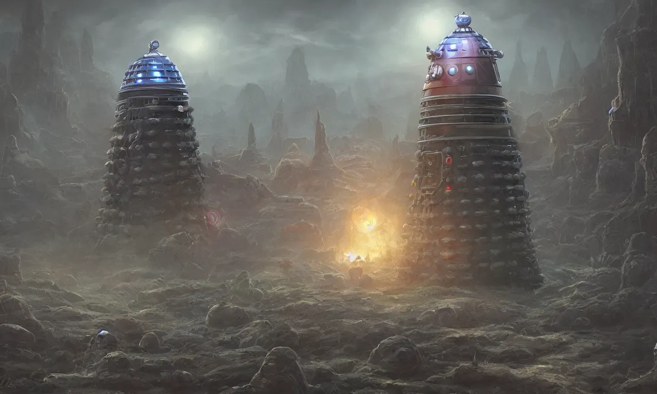 Image similar to dalek invasion, highly detailed, photorealistic, fantasy background, digital painting, artstation, concept art, smooth, sharp focus, illustration,