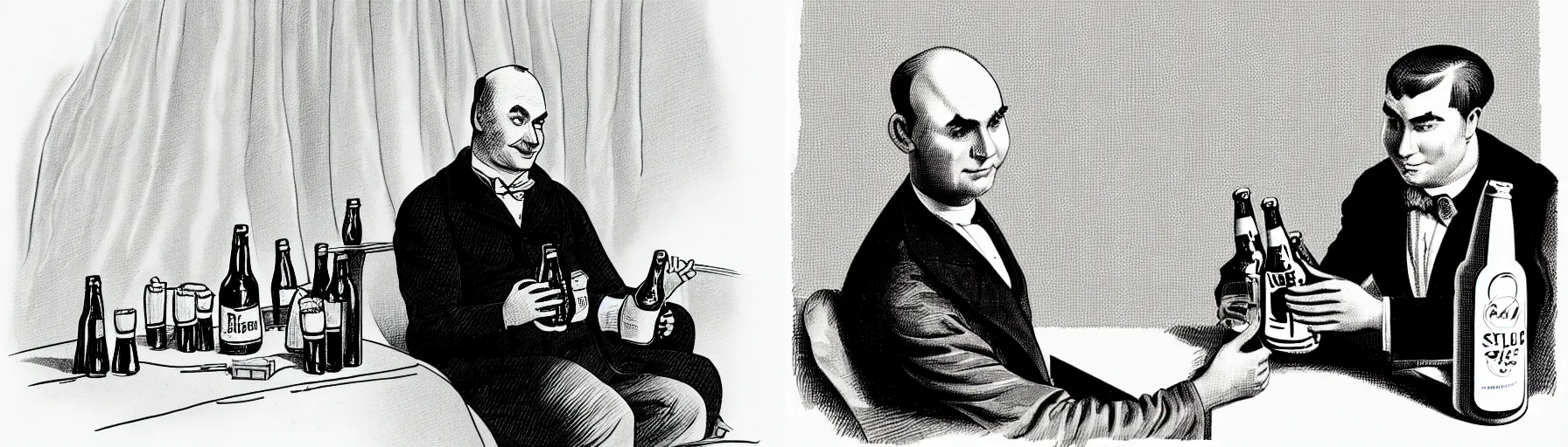 Prompt: a balding clean shaven man sits in front of a computer scene, holding an overflowing bottle of beer. In the style of Leslie Gilbert Illingworth, sketch, b&w, cartoon