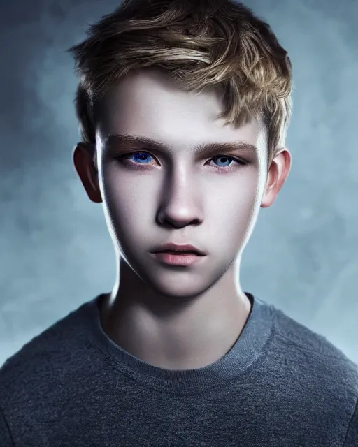 Image similar to portrait a 1 5 - year - old boy, with slender, white - blond hair, cold grey eyes, a pale complexion with sharp and pointed features close up, dramatic lighting, octane render, digital art