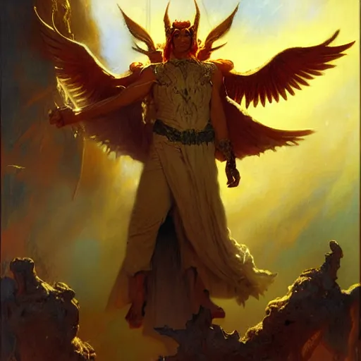 Image similar to attractive male lucifer morning star casting a spell summoning male demons, they rise from down bellow. highly detailed painting by gaston bussiere, craig mullins, j. c. leyendecker, 8 k