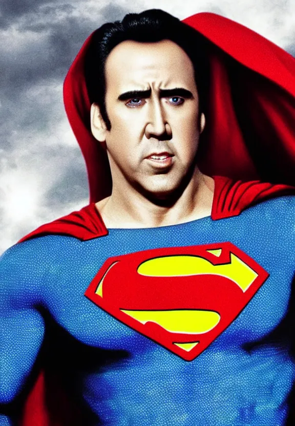 Prompt: Film still of Nicolas Cage as Superman in Tim Burton's Superman movie