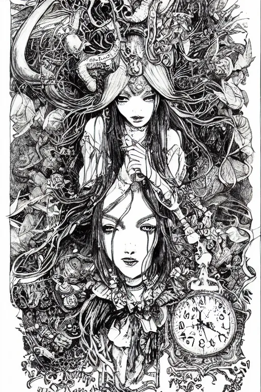 Image similar to Stoner Alice in wonderland tarot card , pen and ink, intricate line drawings, by Yoshitaka Amano, Ruan Jia, Kentaro Miura, Artgerm, watercolor