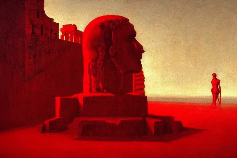 Image similar to only with red, caesar after war, a red tiger, in hoc signo vinces, rome in background, an ancient path, in the style of beksinski, part by hopper, part by rodcenko, part by hofbauer, intricate composition, red by caravaggio, insanely quality, highly detailed, masterpiece, red light, artstation