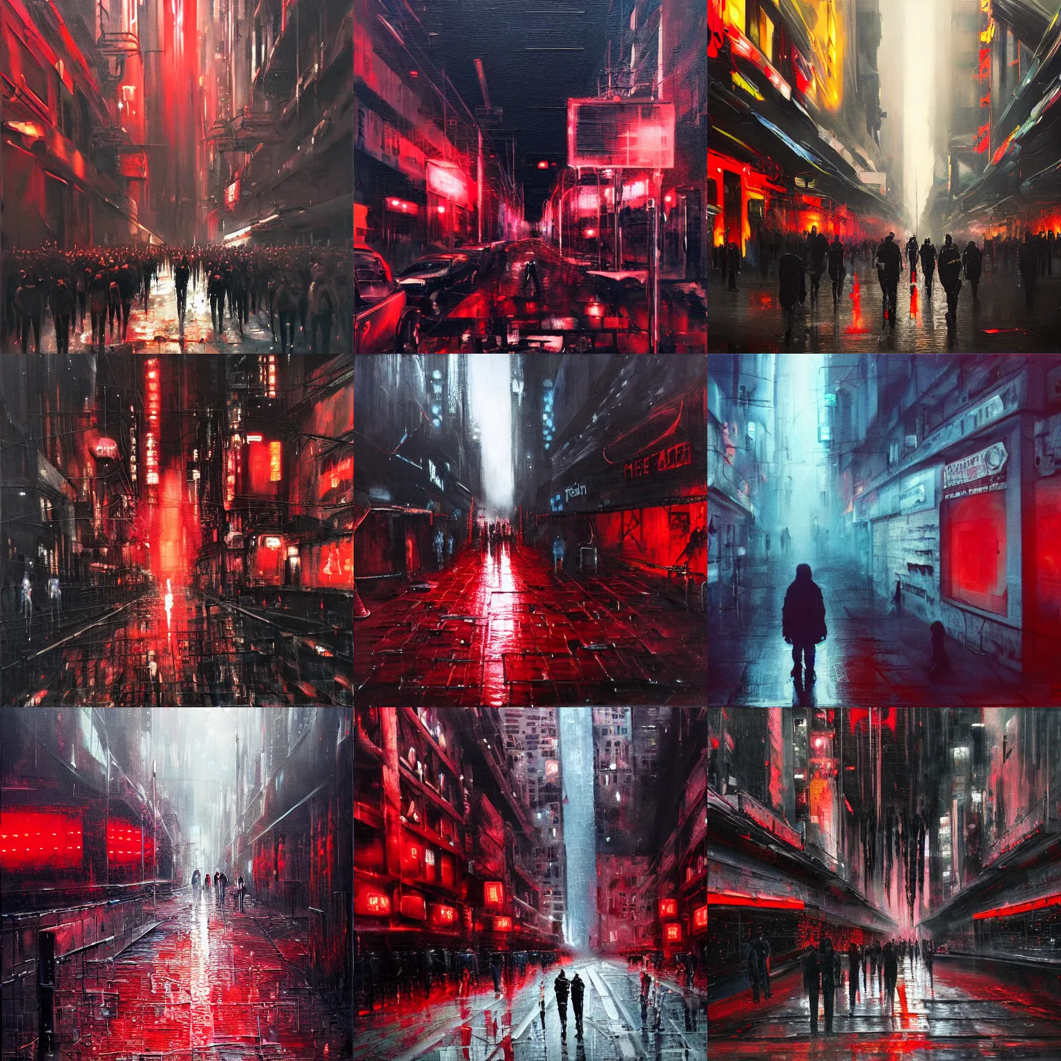 Prompt: a dark street with hordes of wandering people red lights ( cybernetic joe biden's ) face hovering over the unwashed masses, dystopian, cyberpunk, dripping oil paint, thick brushstrokes, abstracted painterly techniques, high resolution