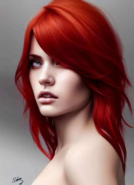 Image similar to photo of gorgeous woman with her right side hair dyed red and left side hair white in the style of stefan kostic, realistic, half body shot, sharp focus, 8 k high definition, insanely detailed, intricate, elegant, art by stanley lau and artgerm, foggy backgeound