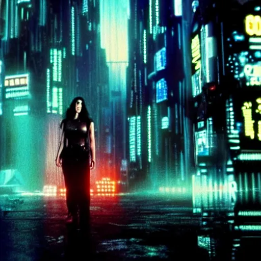 Prompt: jennifer connelly starring in a cyberpunk movie in a distopic futuristic city in the style of bladerunner, movie still, highly detailed, rainy night, volumetric lights, dramatic, scifi, sharp focus, medium shot