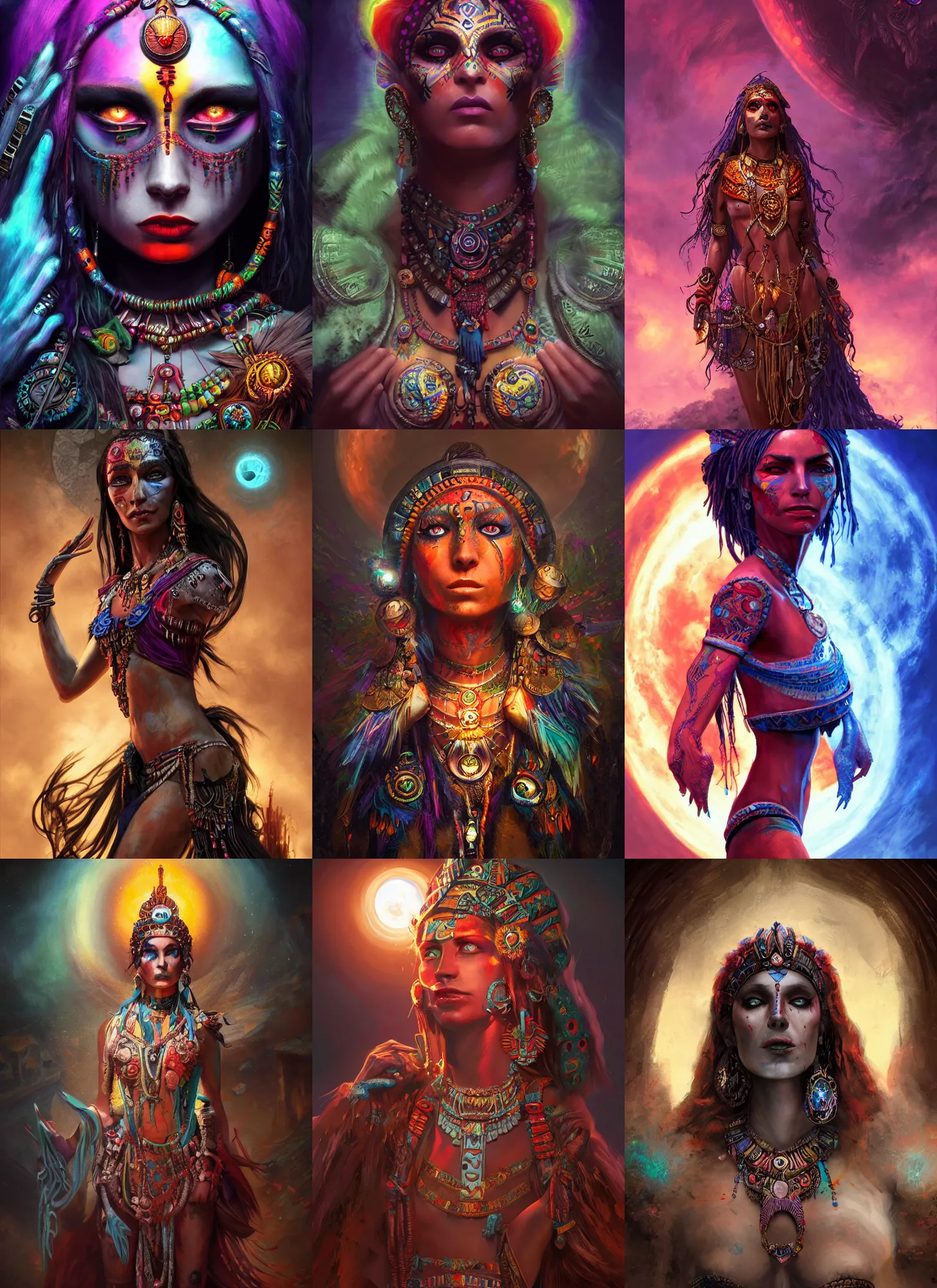 Prompt: aztec moon goddess, vivid colors, war of colorss, dark shadows, contrast, concept art, sharp focus, digital art, Hyper-realistic, 4K, Unreal Engine, Highly Detailed, Dramatic Lighting, Beautiful, by Brom, bastien lecouffe-deharme