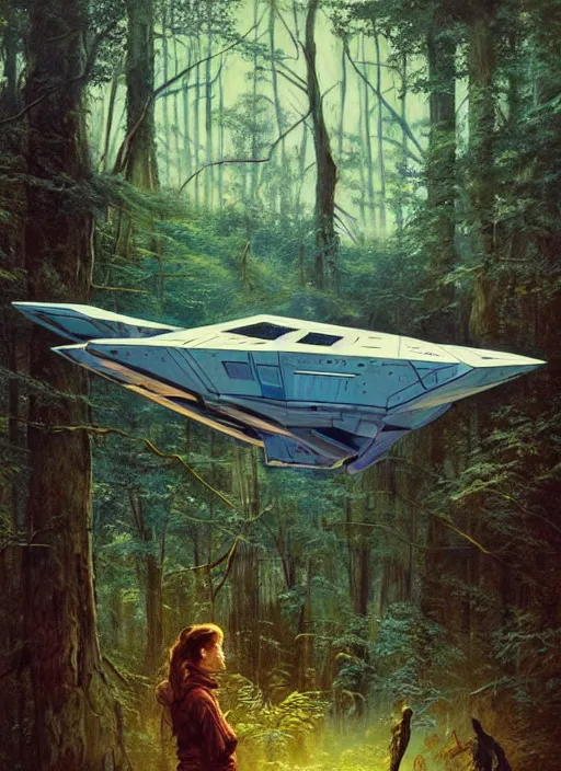 Image similar to hyper realistic spaceship in the woods by a river gorgeous lighting, lush forest foliage blue sky a hyper realistic painting by chiara bautista and beksinski and norman rockwell and greg rutkowski, weta studio, and lucasfilm