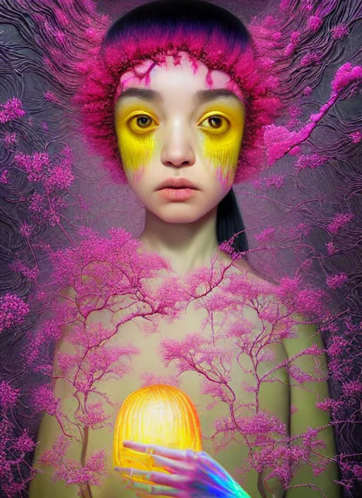 Image similar to hyper detailed 3d render like a Oil painting - kawaii portrait Aurora (black haired Fae) seen shocked and Eating of the Strangling network of yellowcake aerochrome and milky Fruit and Her delicate Hands hold of gossamer polyp blossoms bring iridescent fungal flowers whose spores black the foolish stars by Jacek Yerka, Mariusz Lewandowski, Houdini algorithmic generative render, Abstract brush strokes, Masterpiece, Edward Hopper and James Gilleard, Zdzislaw Beksinski, Mark Ryden, Wolfgang Lettl, hints of Yayoi Kasuma, octane render, 8k