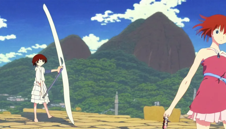 Image similar to 8 k screencap of a girl with a sword on a rio de janeiro anime, by hayao miyazaki, studio ghibli, rio background extremely high quality artwork