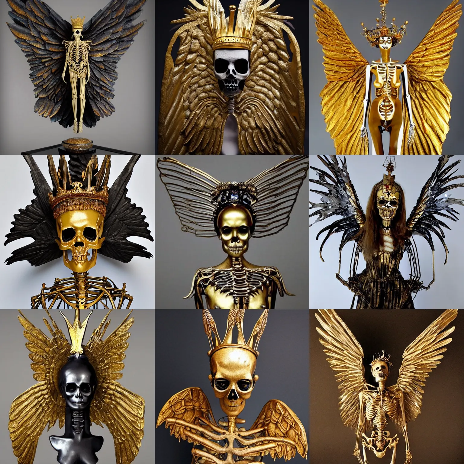 Prompt: a beautiful portrait sculpture of a gilded angelic skeleton with wings and a crown floating in a dark room by bill ellis. an esoteric and dark sculpture of a crowned skeleton. # billellis