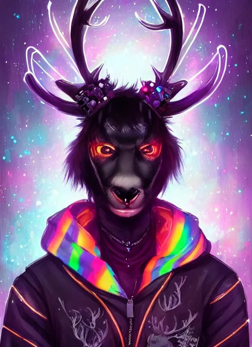 Prompt: award winning beautiful portrait commission of a male furry anthro Black Reindeer cyberpunk fursona with a tail, wings, wings, wings and a cute beautiful attractive detailed furry face wearing a crown, stylish black and rainbow galaxy clothes, outline, in a cyberpunk city at night while it rains. Character design by charlie bowater, ross tran, artgerm, and makoto shinkai, detailed, inked, western comic book art