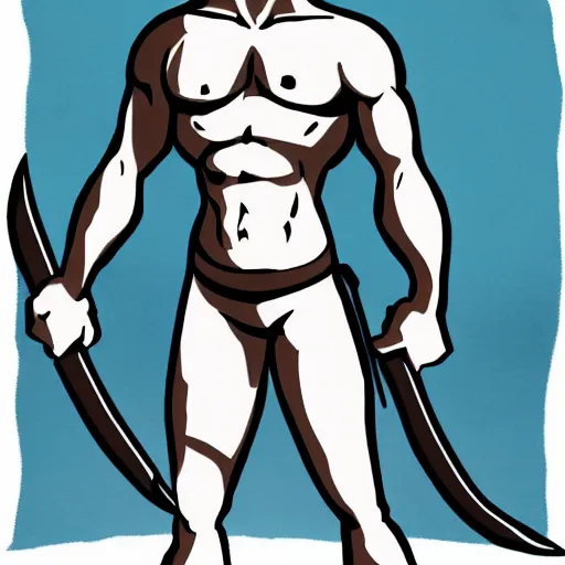 Image similar to muscular bald man, tattooed body, sword in hands, HD, anime style,