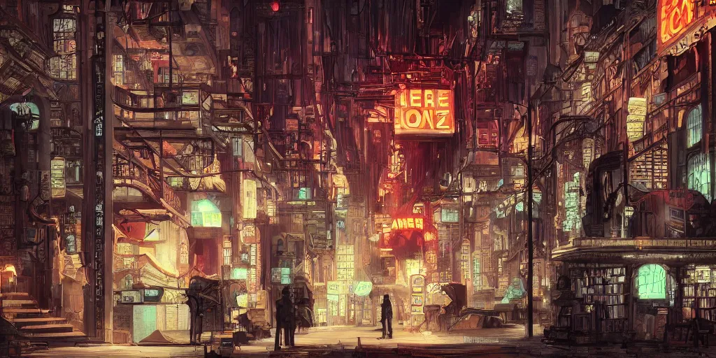 Prompt: cinematic an old jorge luis borges and franz kafka as owners ofan old bookstore full of books, dystopian future, neon lights, sci - fi, night lights, haze, concept art, intricate, in the style of katsuhiro otomo, akira, unreal engine