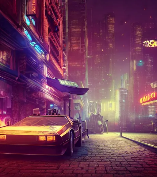 Image similar to steampunk delorean in a cyberpunk city, neon signs, futuristic, realistic, 8 k, extremely detailed, cgi, trending on artstation, hyper - realistic render, 4 k hd wallpaper, premium prints available, by greg rutkowski