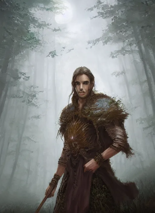 Prompt: A fantasy portrait painting of a male mage on a misty forest meadow, DAZ, hyperrealistic, ambient light, dynamic light, trending on artstation, d&d, RPG portrait
