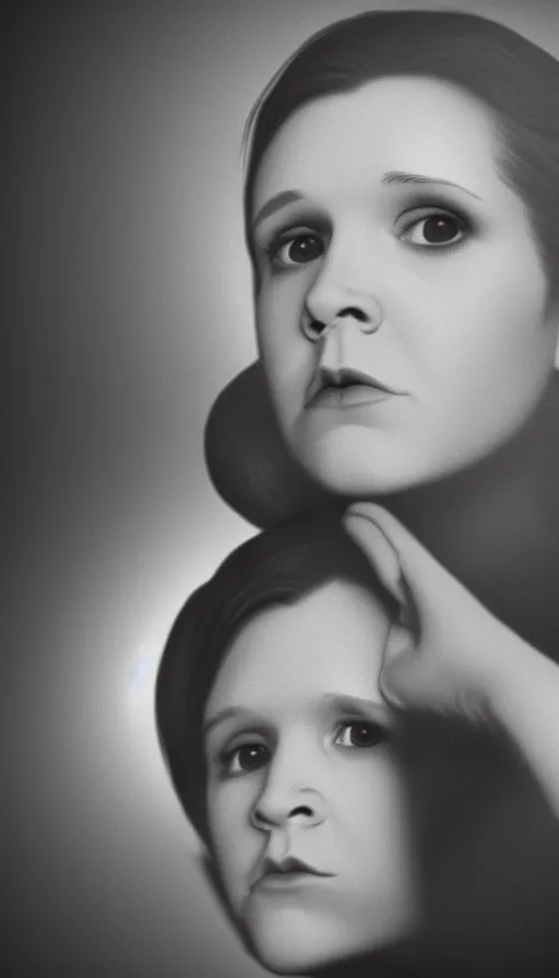 Prompt: a portrait of young carrie fisher, in the style of gottfried helnwein, dirk dzimirsky, gustave courbet, dramatic studio lighting, 3 5 mm f 1. 4 lens depth of field, octane render 8 k