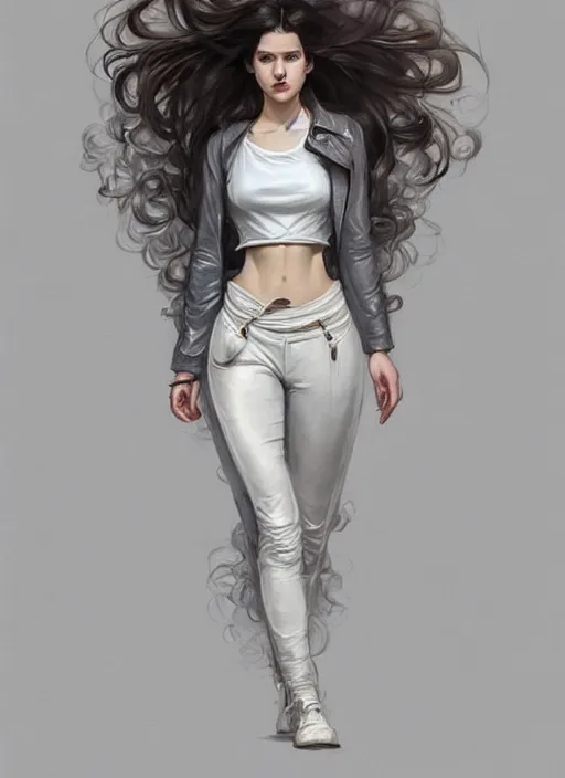 Image similar to girl in very short white! top and very short gray! leather jacket, open belly, long dark curly hair, high waist sweatpants, intricate, elegant, highly detailed, digital painting, artstation, concept art, smooth, illustration, art by artgerm and greg rutkowski and alphonse mucha