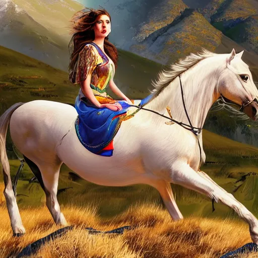 Image similar to a beautiful young kurdish woman riding a beautiufl white horse in the kurdish mountains art by martin ansin, highly detailed, 8 k, high resolution, award winning art, incredibly intricate