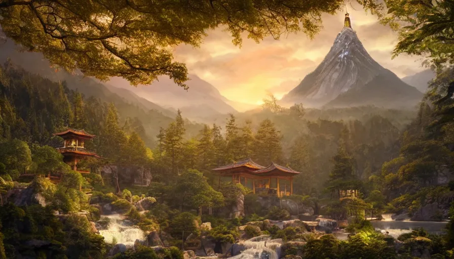 Image similar to rivendell with japanese pagodas built in the mountains with waterfalls and forest at the foot of green gigantic mountains at sunset, fireplace, hyperdetailed, artstation, cgsociety, 8 k