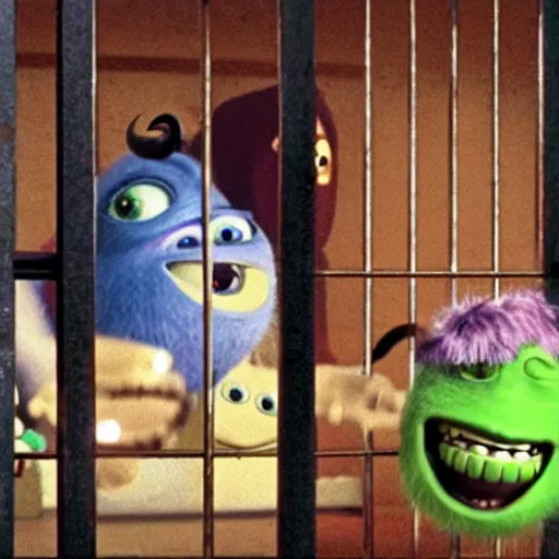 Prompt: movie still of monsters inc characters in a maximum security prison