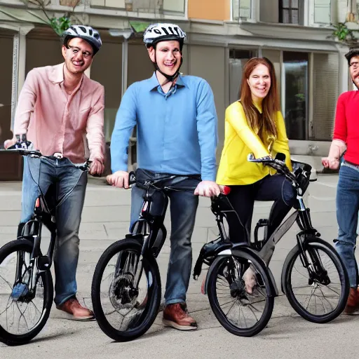 Prompt: two bicycles, one electric and one hybrid, with happy riders, realistic, detailed